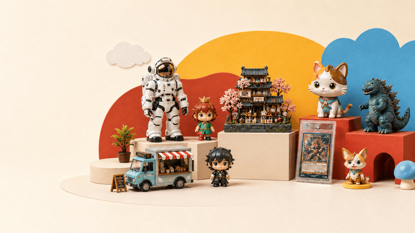A joyful display of collectible figures, miniature worlds and art toys